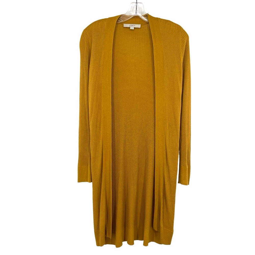 Loft Women’s Ribbed Mustard Yellow Open Front Long Cardigan Knit Sweater